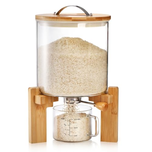 Tlence 5L Glass Rice Dispenser, Cereal Container with Bamboo Stand, Large Airtight Food Storage Bin,...