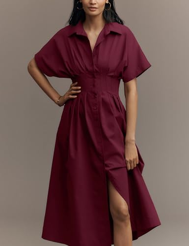Image of Yeokou Shirt Dress for Women Summer Casual Short Sleeve Button Down Loose Pleated Maxi Sundress with Pockets