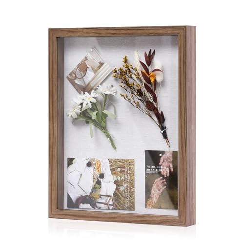 Image of Muzilife 11x14 Shadow Box Picture Frame with Linen Board - Deep Wood & Glass Display Rustic Case Ready to Hang Memorabilia, Pins, Awards, Medals, Wedding, Tickets, and Photos, Brown