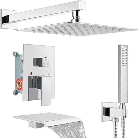 Midanya Rain Shower System Tub Shower Faucet Set Square Rainfall Shower Head with Handheld Sprayer and Waterfall Tub Spout Rough-in Valve Shower Mixer Combo,12 Inch Polish Chrome Cover