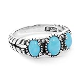 American West Sterling Silver Women's Ring Blue Turquoise Gemstone 3-Stone Design Size 7