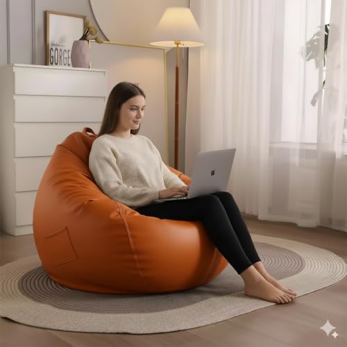 Image of 4XL Leatherette Bean Bag Chair with Footrest & Cushion with Beans Filled (Ready to Use) Color- (Orange, Bean Bag Only)