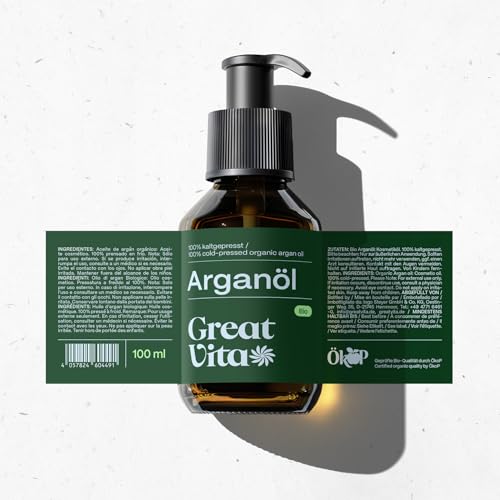 GreatVita Bio Arganöl 100ml | 100% reines kaltgepresstes Arganöl aus Marokko - zur Haut- & Haarpflege – unraffiniert & naturrein – für Gesicht, Haare, Bart & DIY-Kosmetik