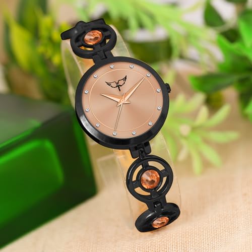 Image of Ladies Fashion Watch with Bracelet and Crystal Bezel, Black Analog Design, Water Resistant