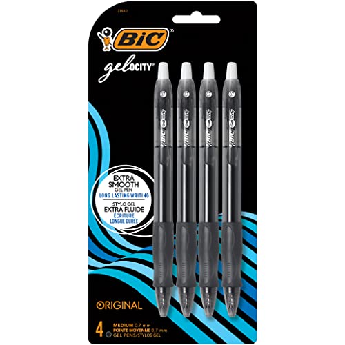 BIC Gelocity Original Black Gel Pens, Medium Point (0.7mm), 4-Count Pack, Retractable Gel Pens With Comfortable Grip