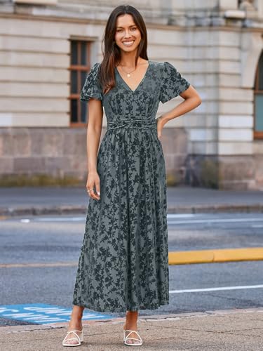 Image of Simplee Women's Velvet Maxi Dress V Neck Short Sleeve Empire Waist Semi Formal Long Cocktail Dresses