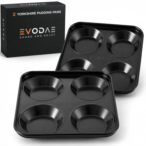 EVODAE Yorkshire Pudding Pan Set of 2 4 Cup Yorkshire Pudding Tins Nonstick Yorkshire Pudding Tray Heavy Duty Carbon Steel Dishwasher Safe 9 x 9 For Yorkshire Puddings Popovers & Muffin Tops