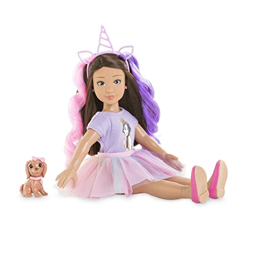 Corolle 9000600030 - Girls Luna Einhorn Set, Ankleidepuppe im Sommeroutfit mit Hund, mit Haarband, Ohrringe und extra Gummistiefel, 28cm Spielpuppe mit Vanilleduft, ab 4 Jahren