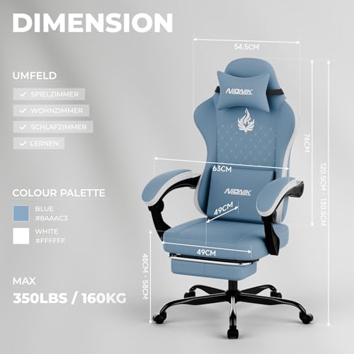 Image of Gaming Chair with Massage,Ergonomic PC Gaming Chair Computer Chairs with Footrest Comfortable Headrest and Lumbar Support, High Back BLUENWHITE