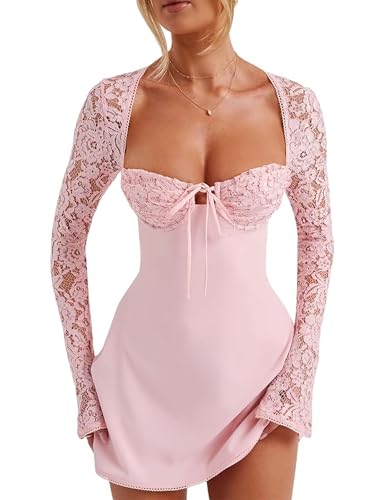 Amazon.com: Women 's Elegant Bodycon Dress Lace Patchwork Long Sleeve Low  Cut Mini Dress Backless Tie-up Going Out Dress(Pink-M) : Clothing, Shoes &  Jewelry