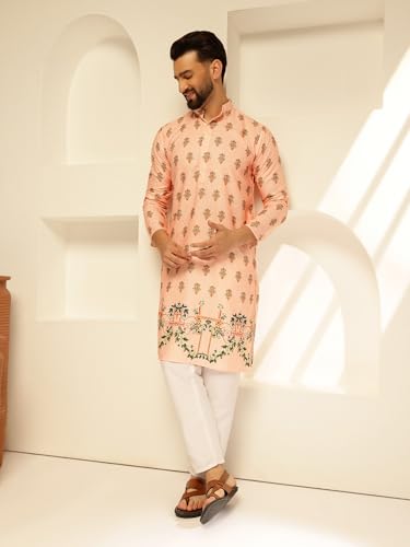 Image of SOJANYA (Since 1958 Men's Cotton Kurta Pyjama with Daman Print & Krochet Embroidery