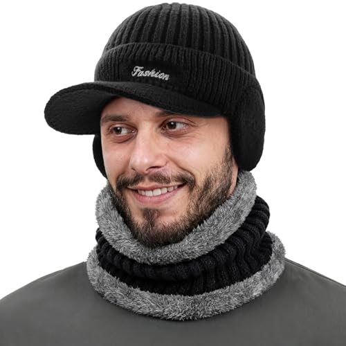 Winter Hat with Ear Flaps for Men, Warm Lined Beanie with Brim Hat Scarf Set, Skull Cap Neck Warmer for Women