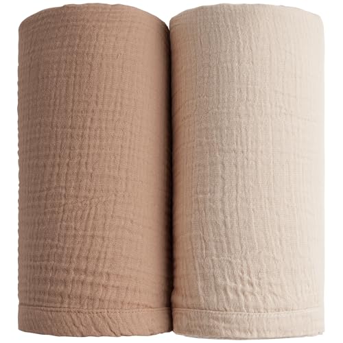 Image of Konssy Muslin Swaddle Blankets for Boys Girls, 2 Pack Receiving Baby Blanket Large 47 x 47 inches, Soft Breathable Swaddling Wrap for Unisex Newborn (Brown, Cream)