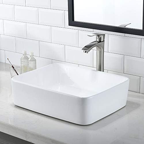 Rectangle Vessel Sink With Faucet And Drain Combo-Bokaiya 16X12 Above Counter Bathroom Sink White Porcelain Ceramic Rv Bathroom Vessel Sink Art Basin, Faucet Matching Pop Up Drain Combo #TOP4