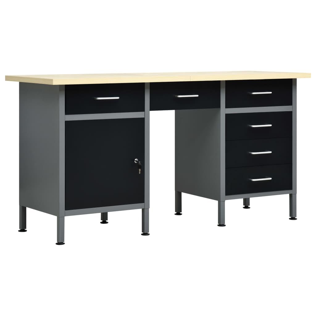 HUAKEHOM Arbeitstisch mit 6 Schubladen 1 Schrank Höhenverstellbare Füße Werkstatt Werkbank Werktisch Packtisch Schwarz 160x60x85cm Stahl