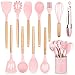HENSHOW Set Utensili da Cucina, 12 Pezzi Set Utensili da Cucina in Silicone Include Porta Utensili - Utensile da Cucina Antiaderente AntiGraffio con Manico in Legno (Colore Rosa)