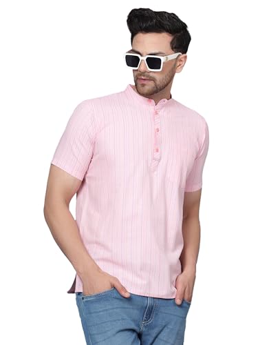 Image of LATEST CHIKAN Men's Cotton Regular Casual Strped Short Kurta Half Sleeves - (SK-LJ.DS.AS)