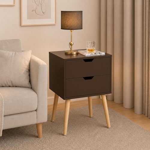 Image of Night Stand,End Table for Bed Nightstand with Drawers, Side Table with Storage, Solid Wood Table Legs,A Shaped Suitable for Small Spaces, Living Room, Bedroom, White (Brown)