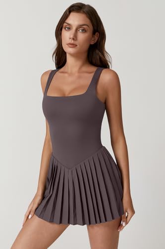Image of QINSEN Womens Square Neck Tennis Dress Pleated Sleeveless Built in Shorts Golf Athletic Dress with Pockets