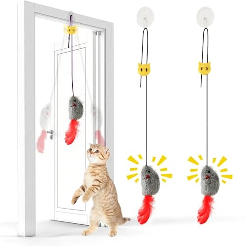 AURIVEE Katzenspielzeug 2 Stück, Hängendes Feder-Spielzeug für Türrahmen, Quietschmaus mit Federschwanz, Batterieloses Interaktives Spielzeug für...