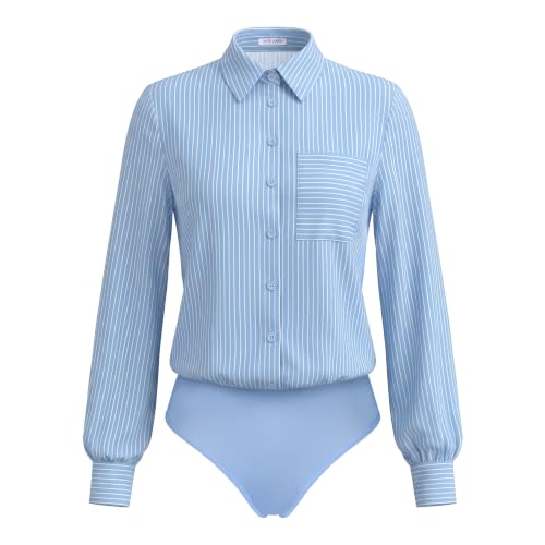 Blue Striped Long Sleeve Blouse Bodysuits, Button Down Business Casual Tops