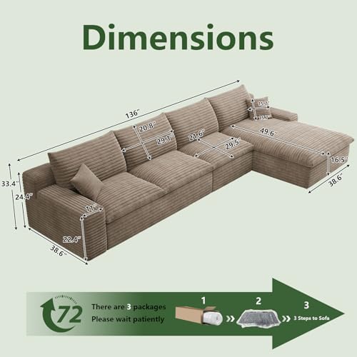 Image of 136 inch Cloud Couch Modular Sectional Sofa for Living Room, L-Shape Boneless Couch with Deep Seat, Modern Corduroy 4-Seater, No Assembly Required (Camel,Right-Facing Chaise)
