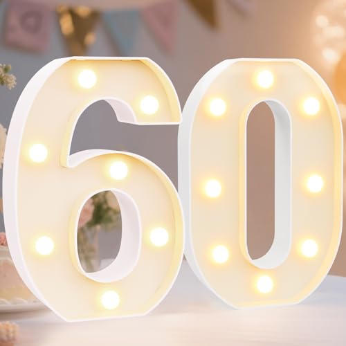 Pooqla Decorative Led Light Up Number Letters, White Plastic Marquee Number Lights Sign for 60th Birthday Party Wedding Decor Battery Operated Number (60)