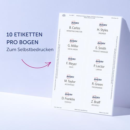 AVERY Zweckform L4785-20 Namensetiketten (200 Namensaufkleber, 80x50mm auf A4, selbstklebend, bedruckbare Textiletiketten aus Acetatseide für Laserdrucker, rückstandsfrei ablösbar) 20 Blatt, weiß