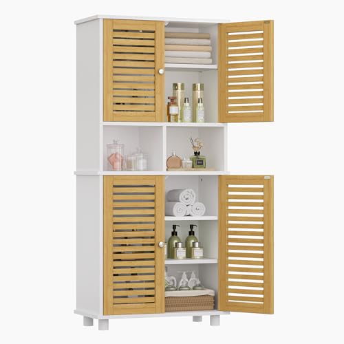 FORABAMB Mobile Alto da Bagno con Ripiani Regolabili, Mobiletto Bagno con 4 Ante in Bambù, Mobiletto Cucina Salvaspazio con 2 Scomparti Aperti, Mobiletto Multiuso per la Cucina, 60x30x128 cm