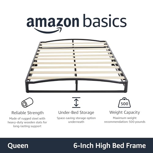 Image of Amazon Basics Metal Platform Bed Frame with Wooden Slats, Steel Support, 6 Inches High, Storage Space, Queen, Black