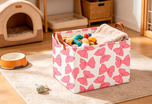 Image of CLOCOR Rectangular Gift Basket Empty,Waterproof Storage Basket with Handles,Books Box,Room Decor(Pink Bowknot)
