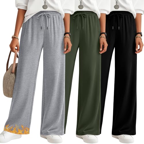 JoyMotion 3 Pack Womens Fleece Lined Sweatpants Thermal Straight Leg Pants Lounge Wide Leg Slacks with Pocket Warm Jogger(Black Army Green Light Gray X-Large)