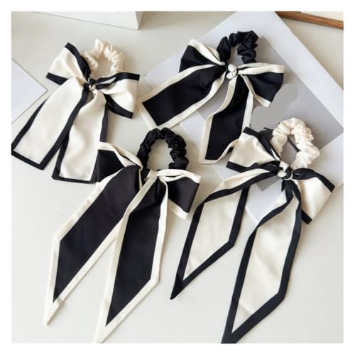 Gomas para el pelo con cinta lazo bicolor coleteros elásticos con borlas negro y blanco 2