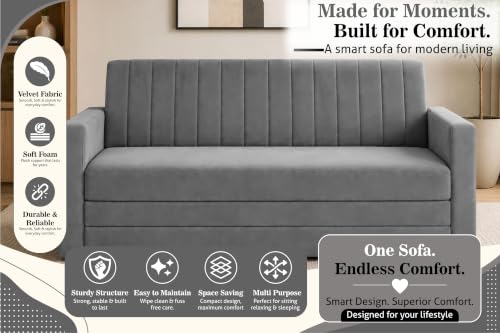 Image of 3-Seater Velvet Sofa Cum Bed with Armrests | Modern Convertible Sleeper Couch | Stylish Sofa Bed for Living Room, Bedroom & Office | Grey