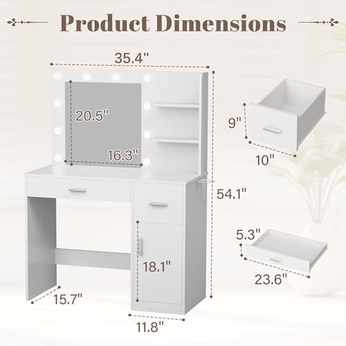 Image of YESHOMY 35.4 inch Vanity Desk with Mirror & Lights, Power Outlet and 3 Storage Shelves, Makeup Vanity Table with Open Shelves for Bedroom Dressing Room,Clean White