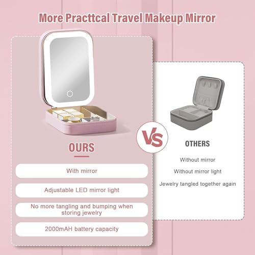 Image of LED Lighted Makeup Mirror Jewelry Box - Portable 2-in-1 Travel Organizer with Adjustable Lighting, Cosmetic Storage & Rechargeable Battery - Compact Vanity Mirror for Women (Pink Led Mirror)