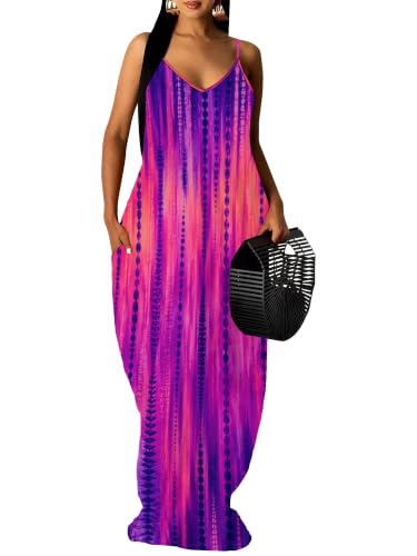 Image of Women's Summer Maxi Dress Spaghetti Strap Floral Boho Beach Long Sundress with Pockets