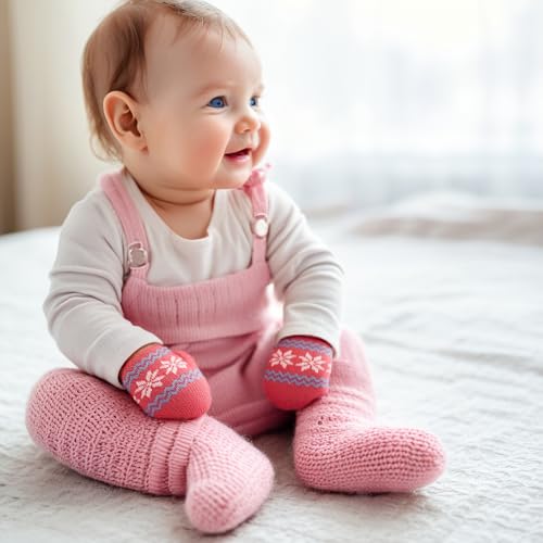 Baby Warm Knit Mittens Winter Toddler Gloves for Infant Kids Girls Boys, Cute Snowflake Soft Elastic Thick Faux-Plush Lined with Neck Rope in Cold Weather
