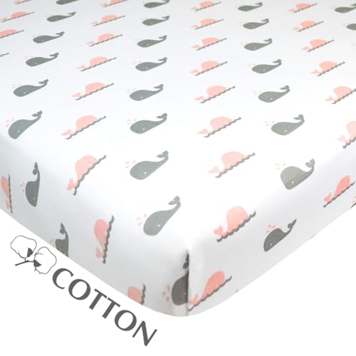 Image of American Baby Company Fitted Pack N Play Playard Sheet 27 inch x 39 inch, Soft Breathable Neutral 100% Cotton Jersey Pack and Play Sheet, Pink Whale, for Boys and Girls, Fits Most Mini Crib Mattresses