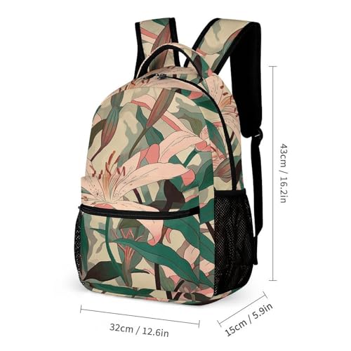 Peach Floral Pattern Printed Backpack With Lunch Pack Storage Box Case 3pcs Lightweight Travel Backpack2