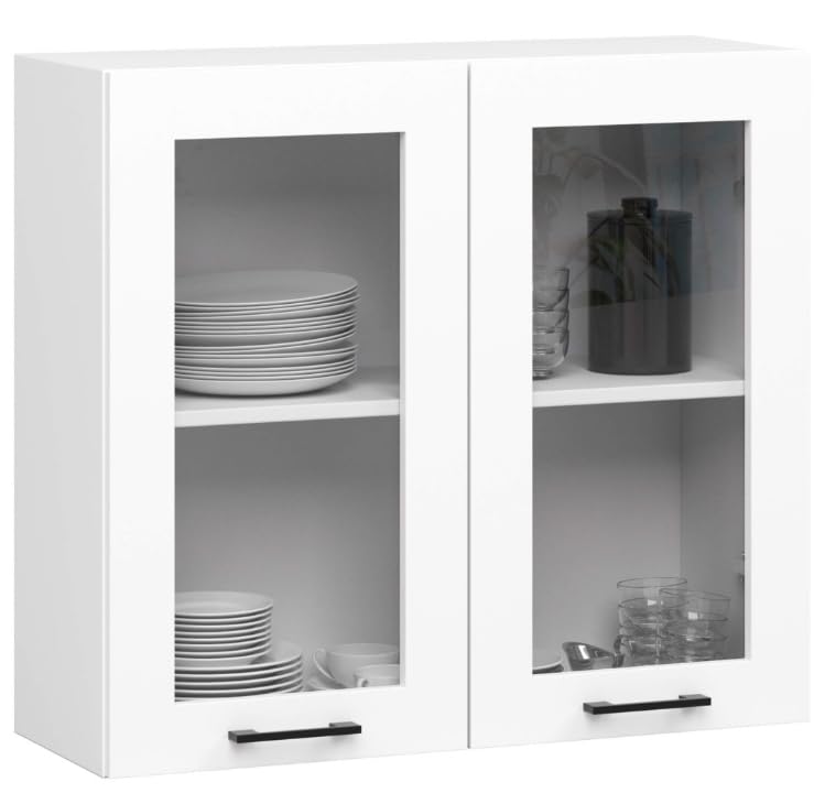 BDW - Armoire de Cuisine Suspendue Vitrée Oliwia W Blanche 80x30,5x72cm – Meuble Haut de Cusine Vitree – Placard Mural – Rangement – Vaiselle