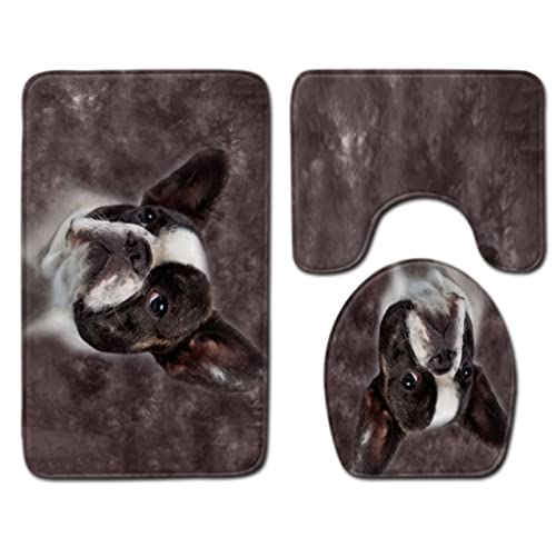 3 Teilig Badematte Set Dunkellila Mops 3D Badematten Set rutschfest, Badezimmerteppich,U-förmiger WC-Vorleger,WC…