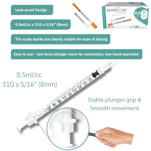 Image of GLUCO-CARE 0.5 ml /cc Syringes 31G x 5 /16'' (8mm), 100 /box | Fine Tip, Home & Lab Use, Clear Barrel, Bold Scale, Smooth Plunger Movement with back-end stopper, Leak-Proof Design