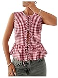 Verdusa Women's Gingham Plaid Peplum Blouse Y2K Bow Tie Sleeveless Going Out Tank Tops Red and White Large