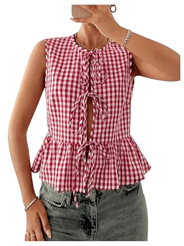 Verdusa Women's Gingham Plaid Peplum Blouse Y2K Bow Tie Sleeveless Going Out Tank Tops