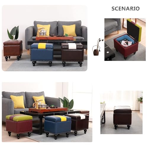 Repose-Pieds carré en Cuir, Pouf de Salon Bas Rembourré et Empilable - 6