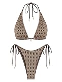 ZAFUL Women's Triangle Bikini Multiway Fishnet Tie Side Bandeau Halter String Bikini Set Two Piece Swimsuit Bathing Suits (1b-Brown, M), Medium