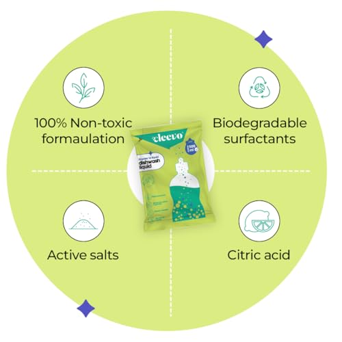 Image of Cleevo Dishwash Liquid Gel 2L Refill Pack (4 Sachets makes 2 Litre), No Bottle |Powder to Liquid | Removes Grease & Burnt Residue | Non-Toxic, Kids & Pet Safe Dish Cleaner (Lime)
