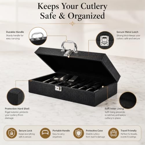 Image of 24-Piece Silver Stainless Steel Cutlery Set with Premium Storage Textured Plastic Box | Mirror Finish Flatware for 6 | Dinner Spoons, Forks, Knives & Teaspoons | Luxury Gift Set