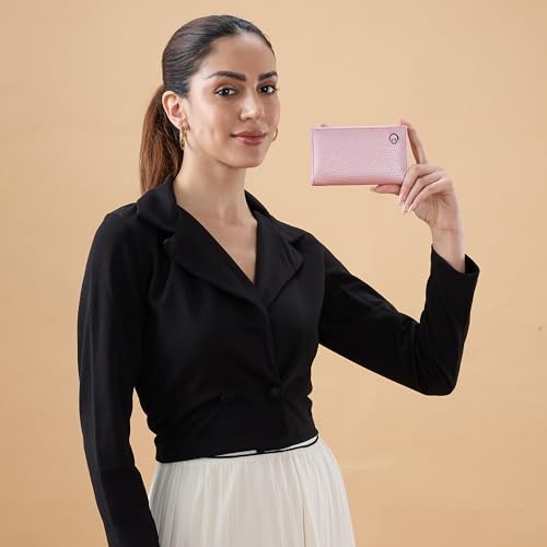 Image of Caprese Monique Small Textured Bifold Wallet for Women | Compact Handheld Purse with 6 Card Holder Slots | Slim Designer Wallet with Secure Snap Button & Zippered Coin Pocket (Soft Pink)